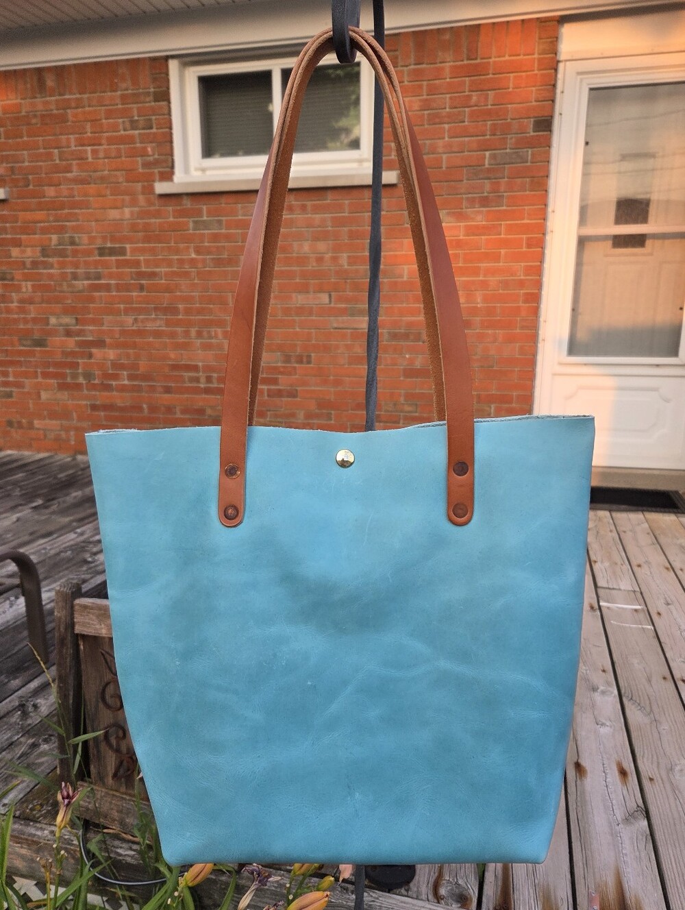 KMM & Co. Aegean Turquoise Leather Standard Tote Bag with Tan Handles